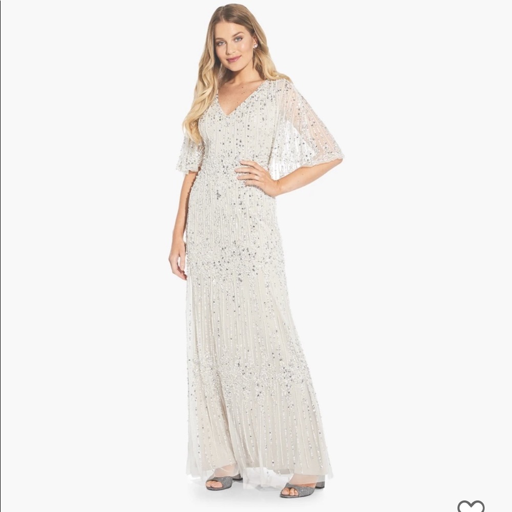 NWT Adrianna Papell Long Beaded Cape Dress with Sequin Detail in Ivory Biscotti